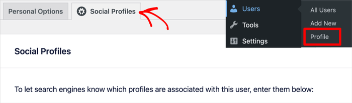 To add social media profiles to your WordPress site's schema, go to the Social Profiles tab.