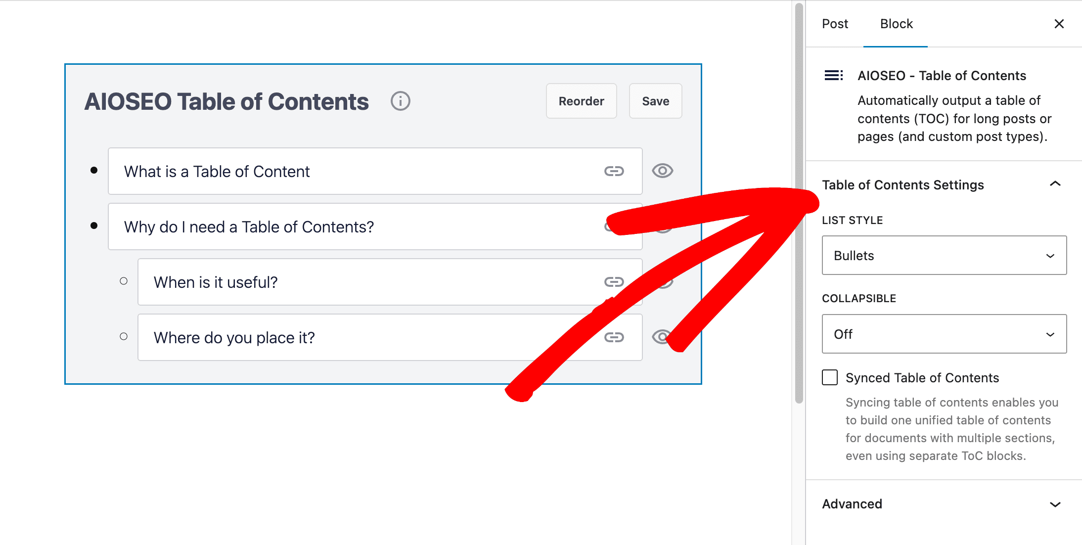 Table of Contents Block settings