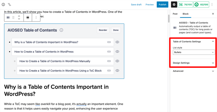 You can also customize your ToC by using the block options in the sidebar.