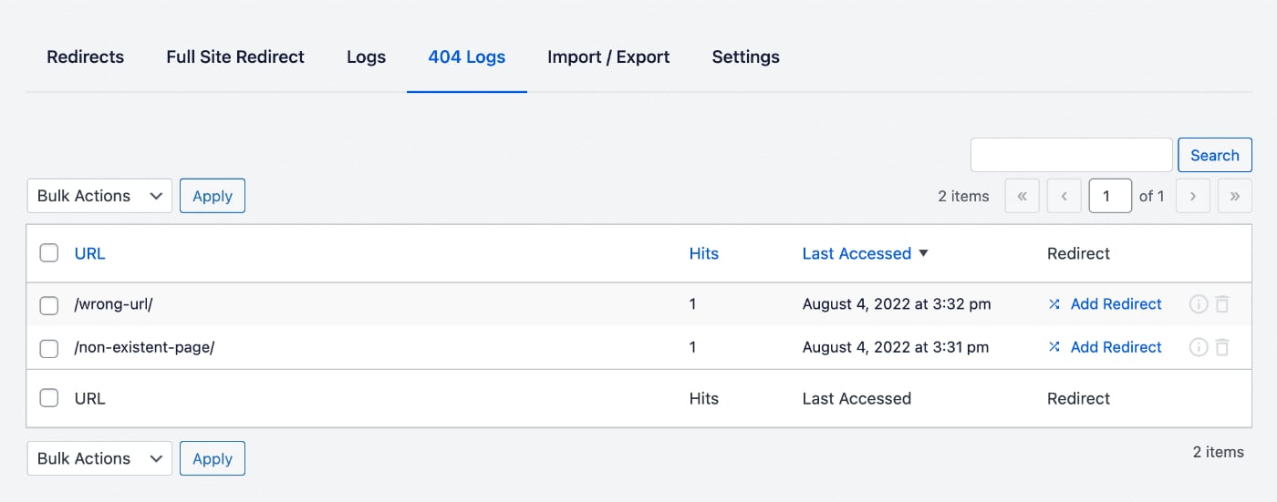 404 Logs screen in Redirection Manager