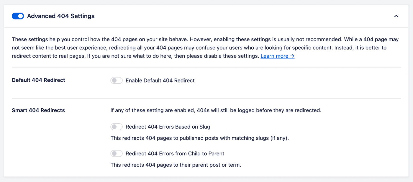 Advanced 404 Settings section showing the settings