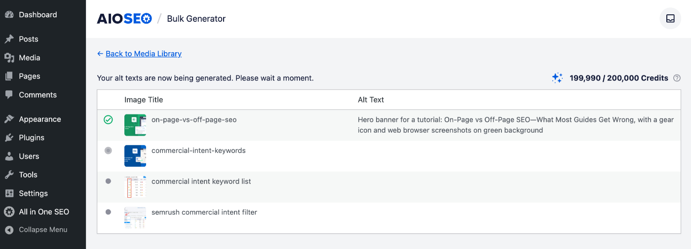 Schermata di avanzamento che mostra All in One SEO che genera testo alternativo utilizzando l'IA