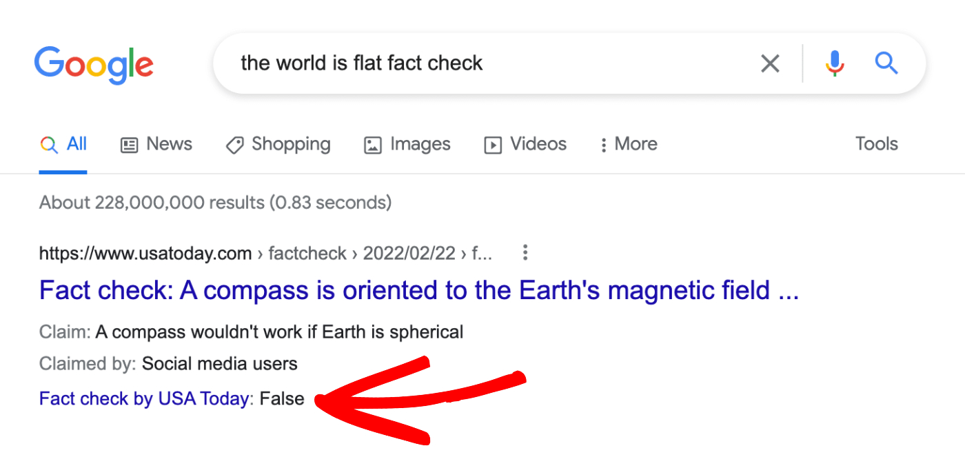 Example of a fact check on a search result in Google