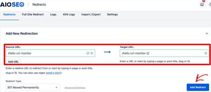 Type in your source and destination URLs and click on Add Redirect. 