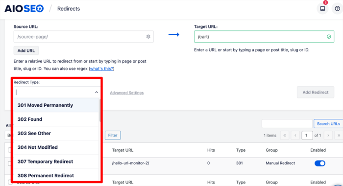 Choose the redirect type you want to implement on your page or post.
