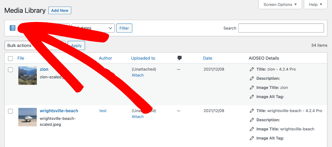 List view shown in the WordPress Media Library