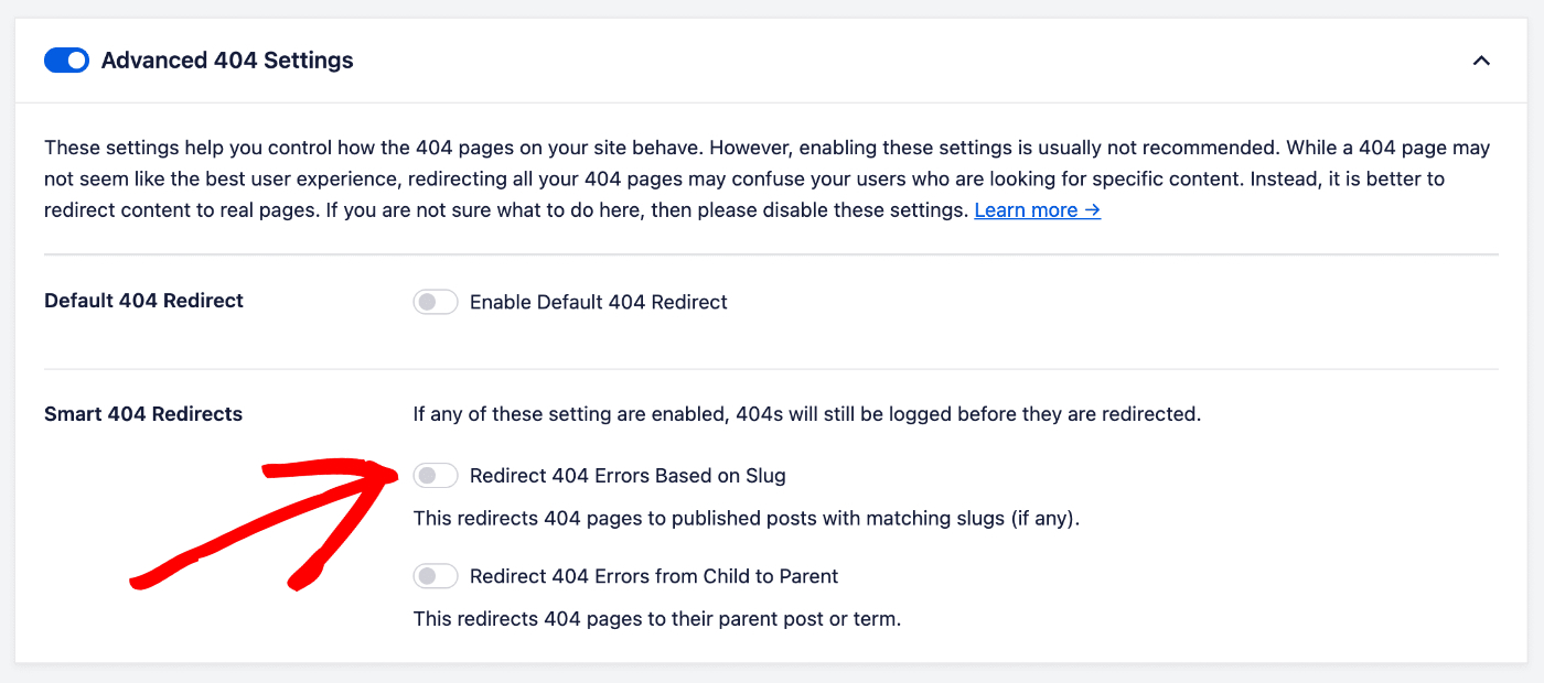 Redirect 404 Errors Based on Slug setting in Advanced 404 Settings