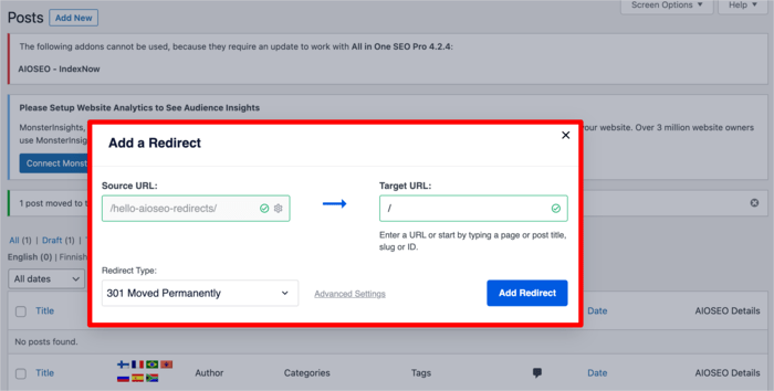 Our redirect prompts now open a modal that allows you to add the redirect without taking you to the Redirection Manager.