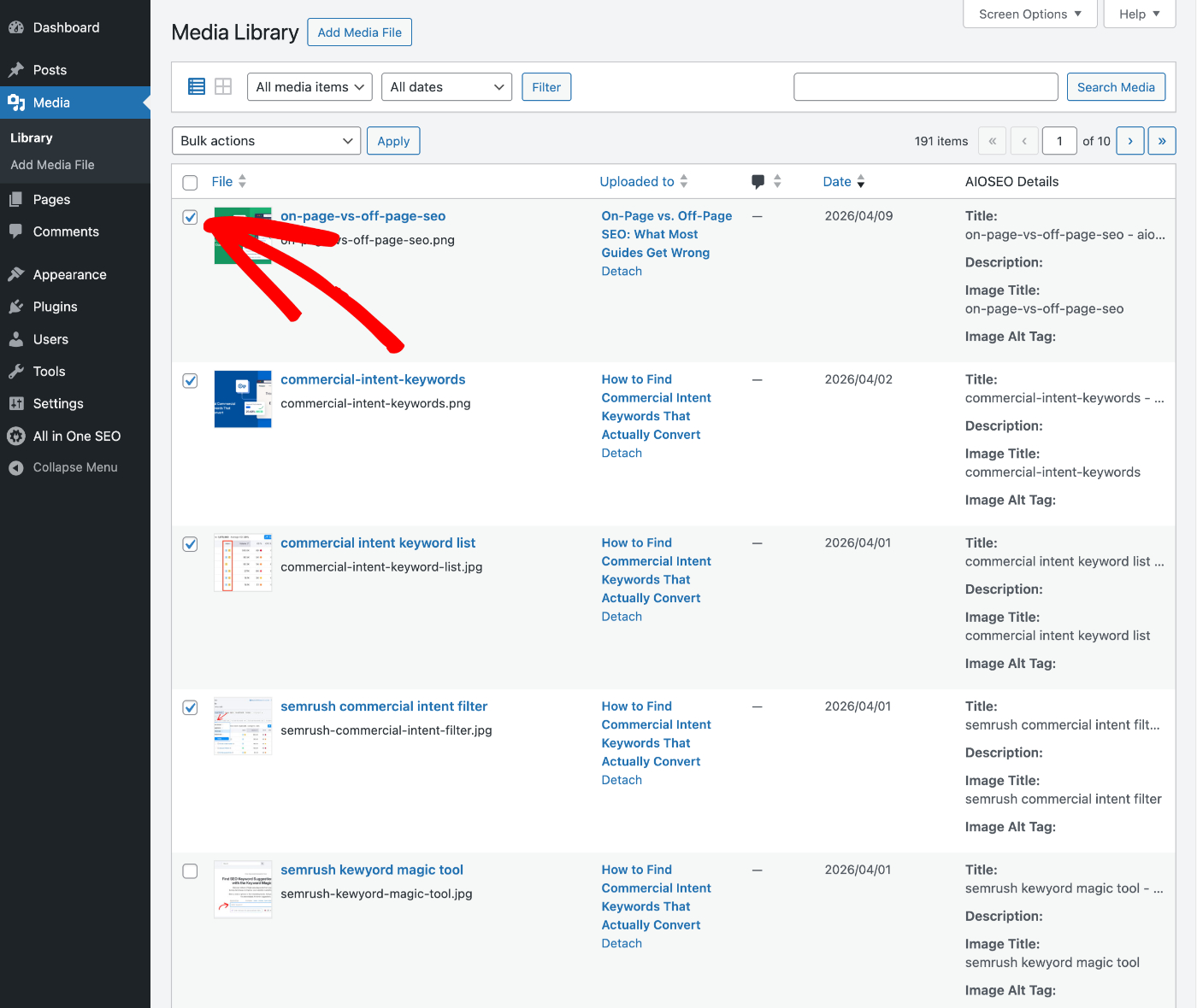 Selezione di più immagini nella Libreria multimediale di WordPress