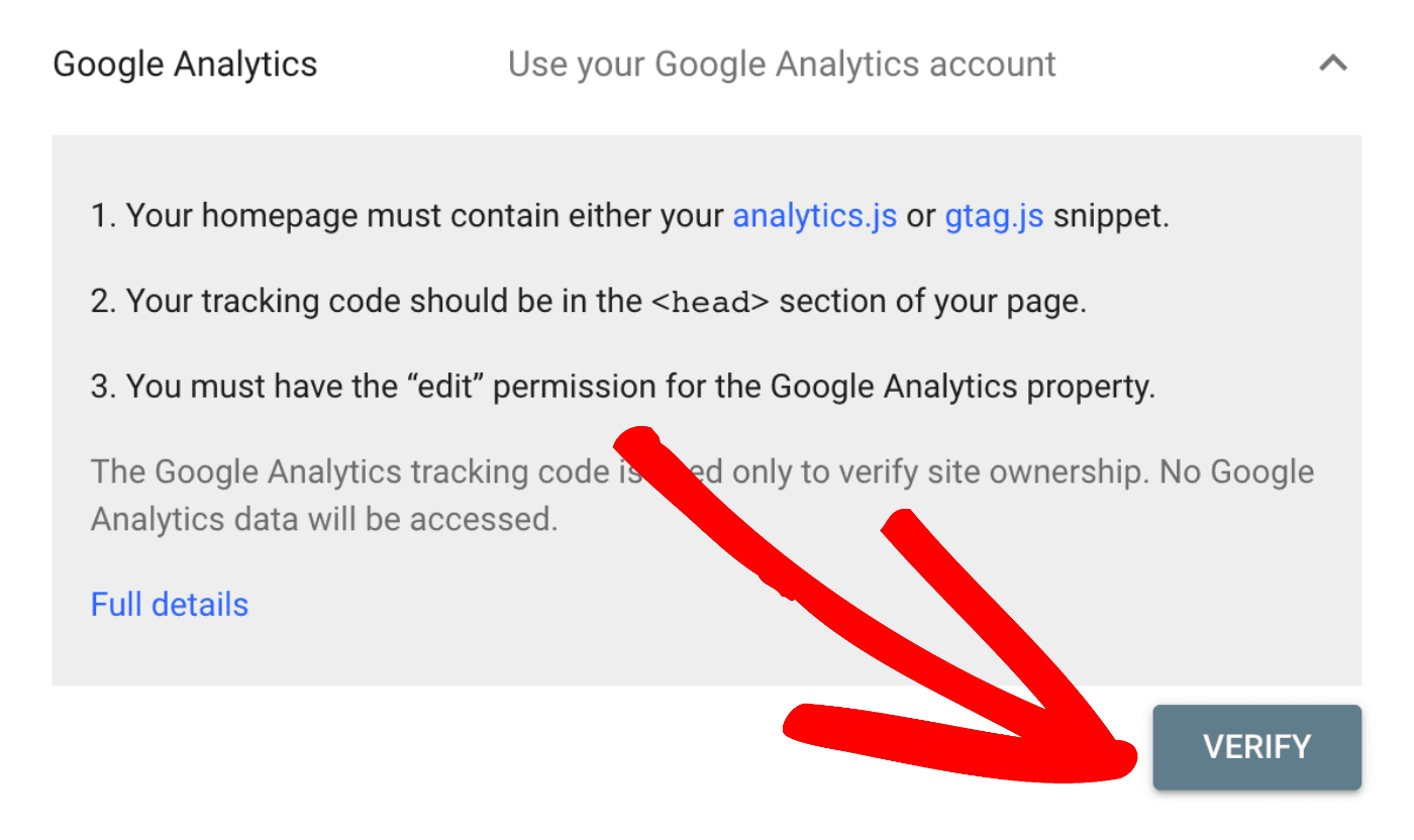 Click the Verify button in Google Search Console to complete the process