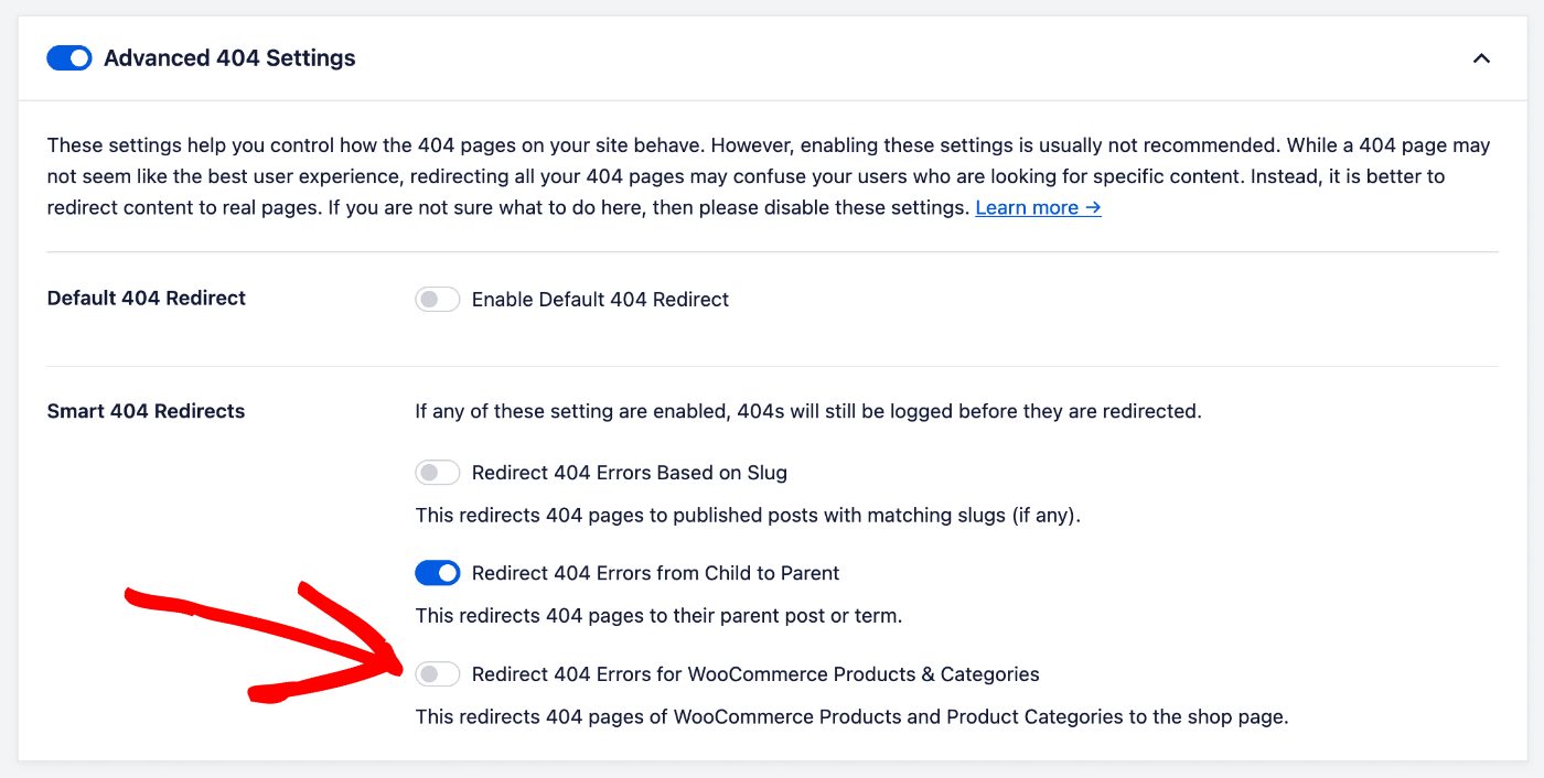 Redirect 404 Errors for WooCommerce Products & Categories setting in Advanced 404 Settings
