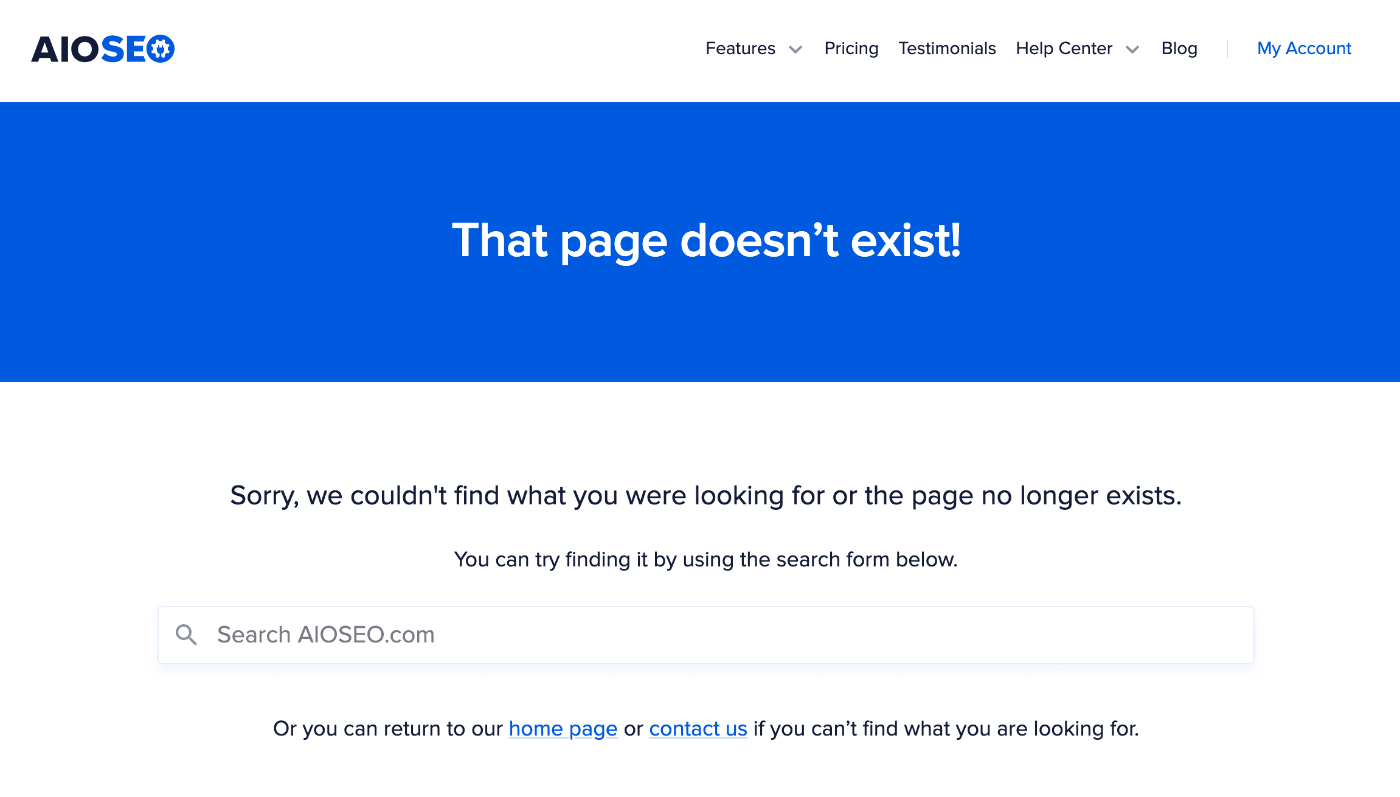 Custom 404 page shown on the All in One SEO website