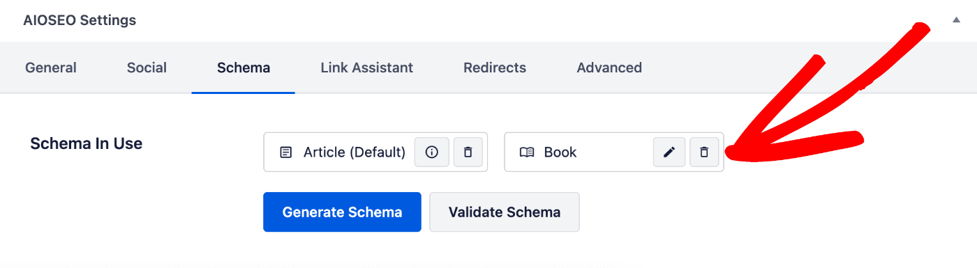 Delete Schema icon shown on the Schema tab in the AIOSEO Settings section