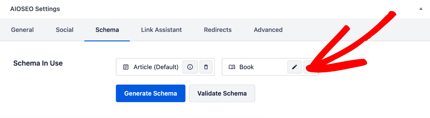 Edit Schema icon shown on the Schema tab in the AIOSEO Settings section