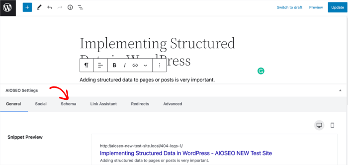 To add structured data in WordPress, scroll to the bottom of the page and click on the Schema tab in the AIOSEO settings. 
