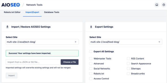 You can replicate winning SEO settings from one site to another using the Import/Export tool.