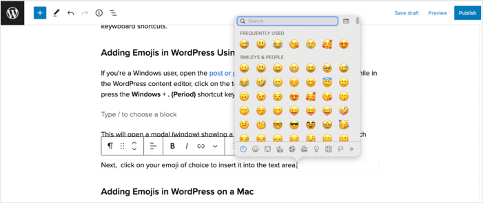 To add emojis on a Mac, press the Command + Control + Space keys together.