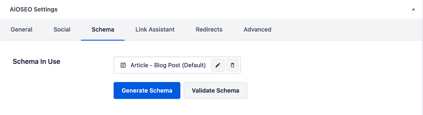 Schema tab in the AIOSEO Settings section on the Edit Post screen