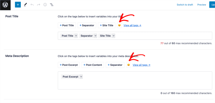 To add emoji to your SEO title or meta description, click on the emoji icon. 