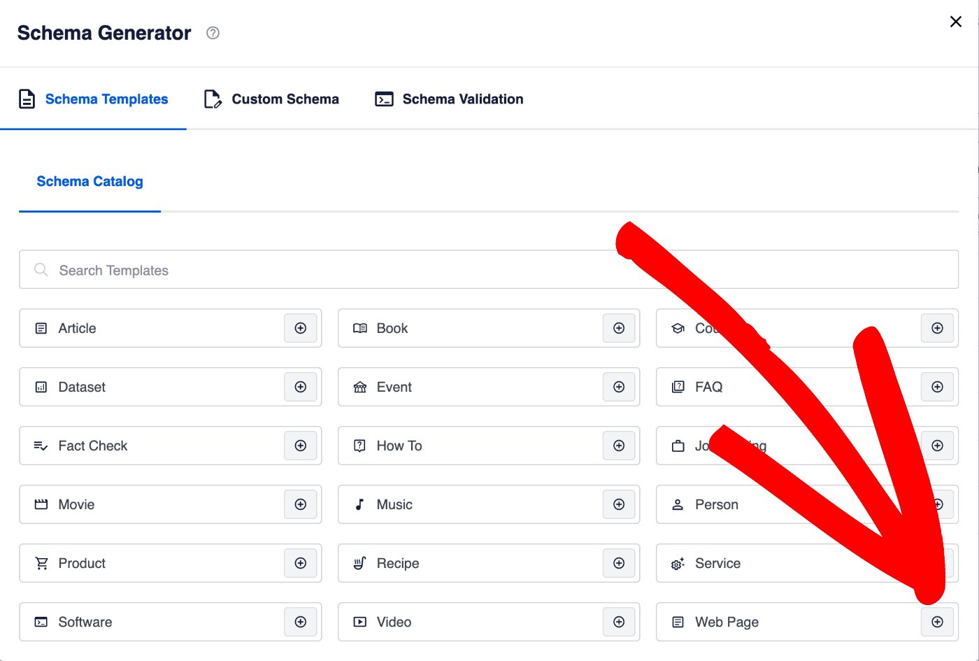 Add Schema icon next to Web Page in the Schema Generator window