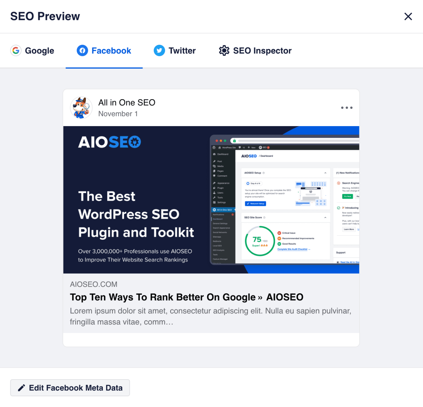 Facebook tab in the SEO Preview popup in All in One SEO