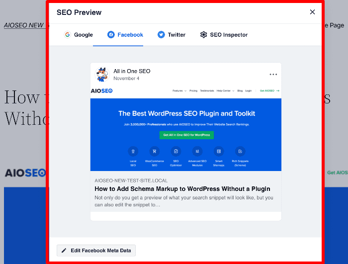 The SEO Preview tool also shows your Facebook and Twitter snippets too!