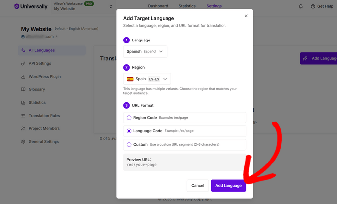 Choose target language and URL format in Universally