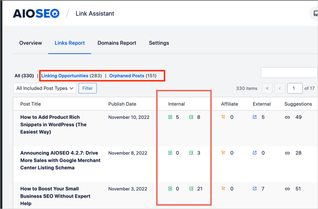 Links Report in AIOSEO's Link Assistant.
