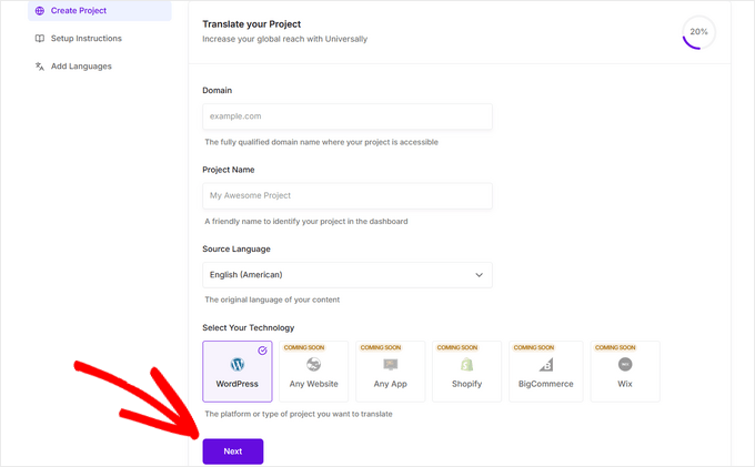 Create a translation project in Universally