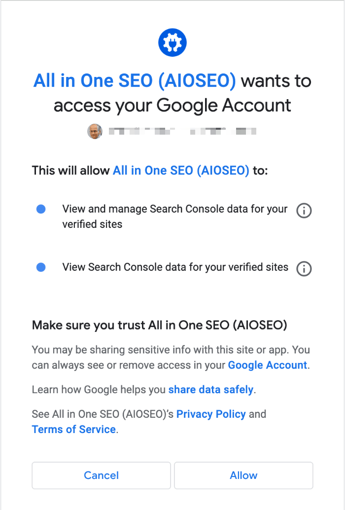 Authorization screen to allow All in One SEO access to your Google Search Console account