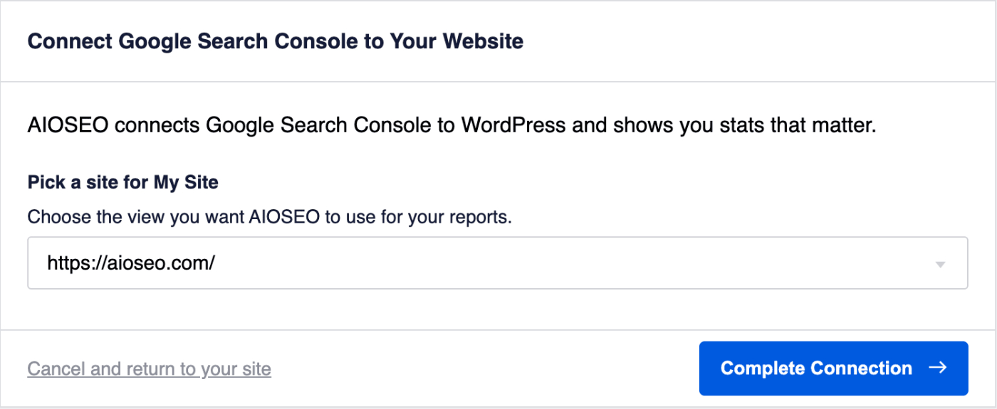 Choose the site you want to connect to in Google Search Console