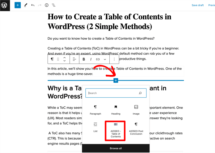 Add the AIOSEO - Table of Contents block and AIOSEO automatically generates a hyperlinked table of contents.