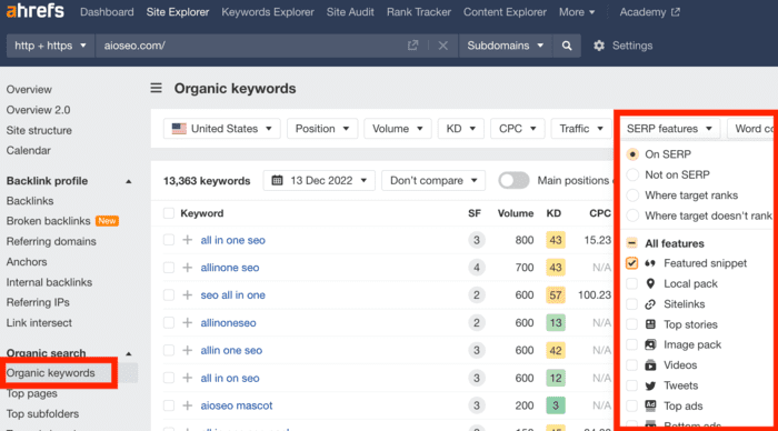 Ahrefs can help you check the organic keywords your competitors have the featured snippet for.