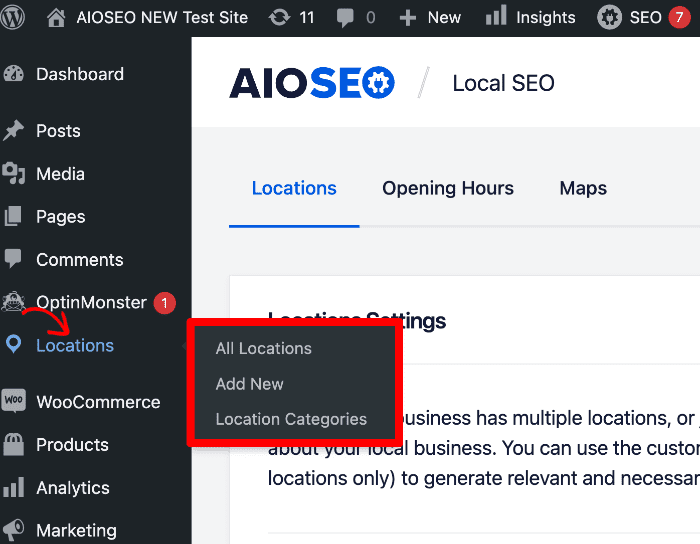 When setting Local Business schema for multiple locations, AIOSEO will create a new post type called Locations which you’ll see in the WordPress menu.