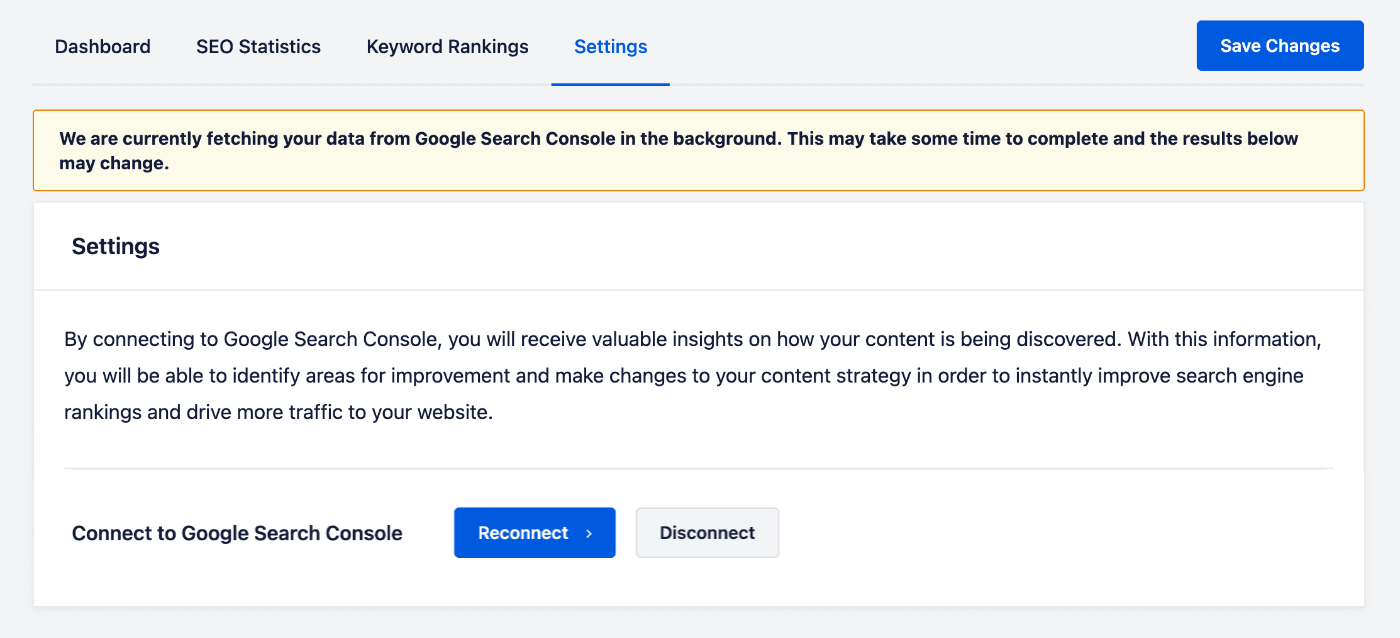 Settings screen in All in One SEO showing the notice confirming that All in One SEO is fetching data from Google Search Console