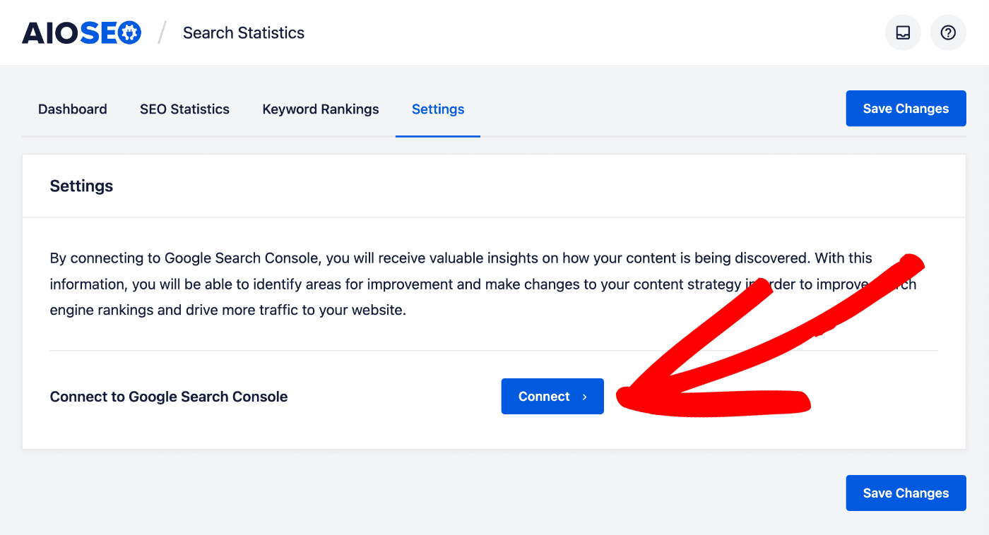 Connect button shown on the Settings tab in Search Statistics