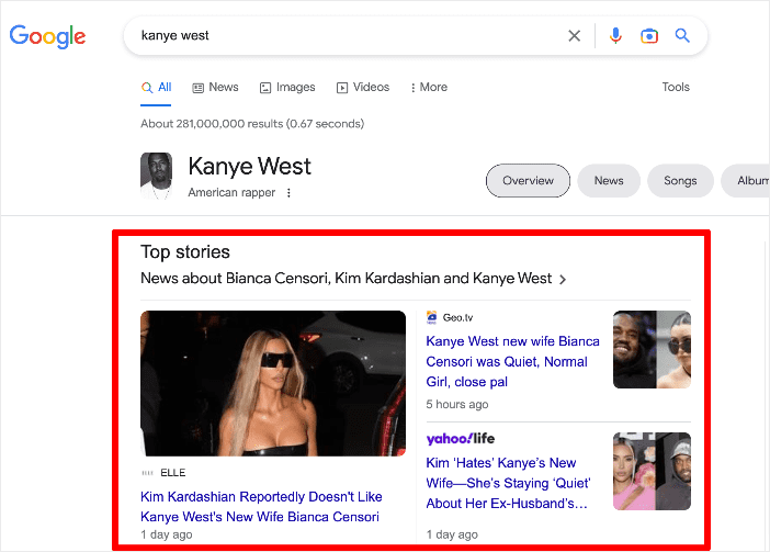 The top stories feature works like the featured snippet and are displayed at the top of the SERPs for news stories.
