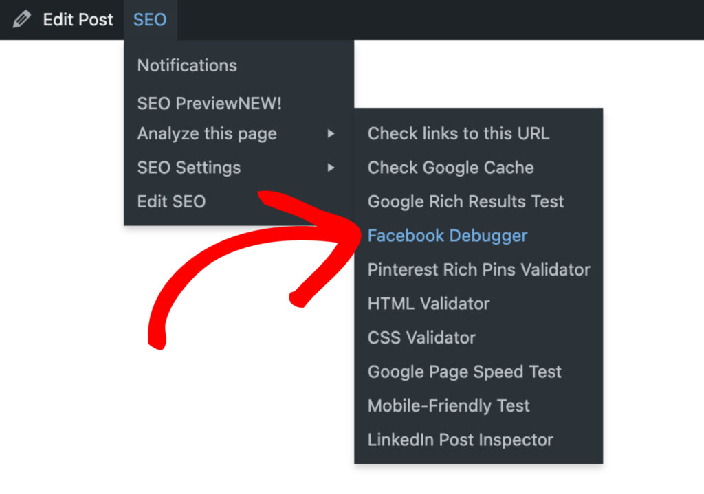 SEO menu option to analyze the Post with Facebook Debugger