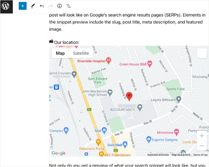 Preview of Google Maps embedded in a post.