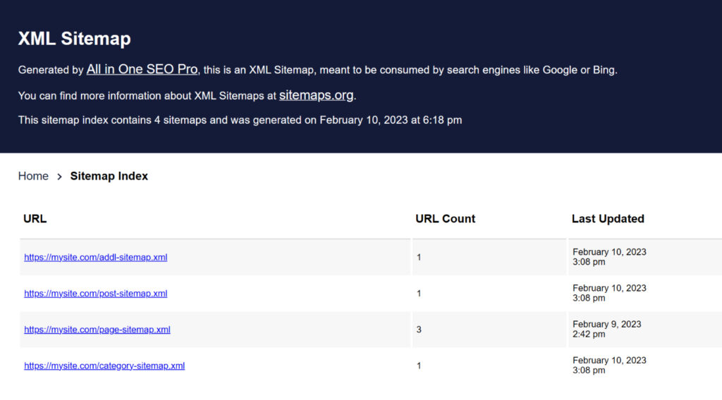 Example of an XML Sitemap generated by All in One SEO