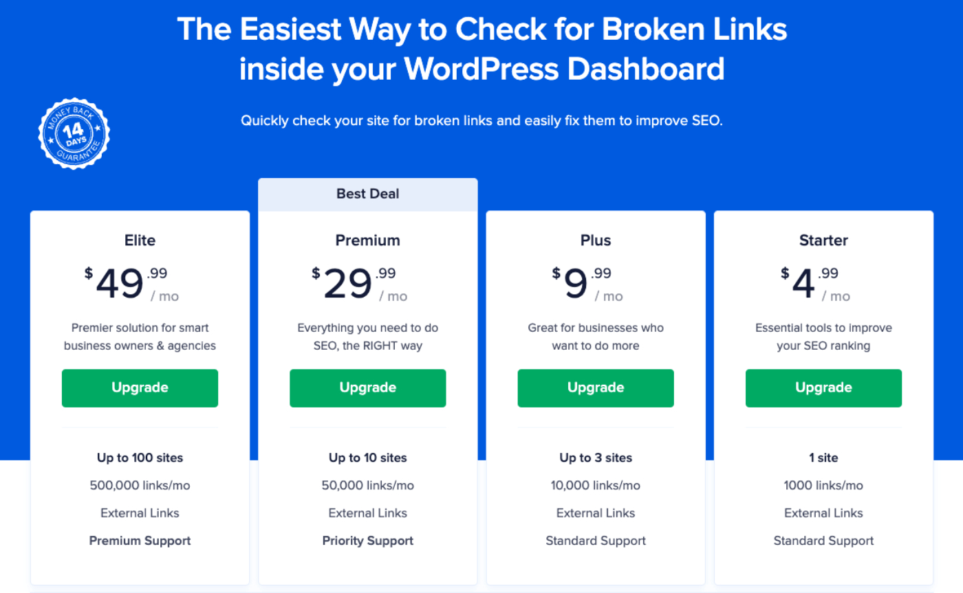 Pricing screen for ​Broken Link Checker showing the Starter, Plus, Premium, and Elite license levels