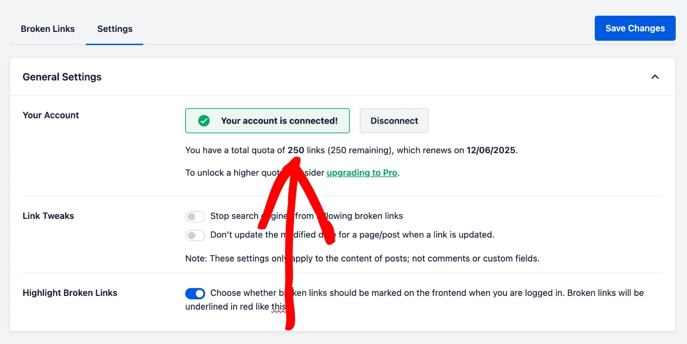 Your Account is Connected button shown in ​Broken Link Checker settings