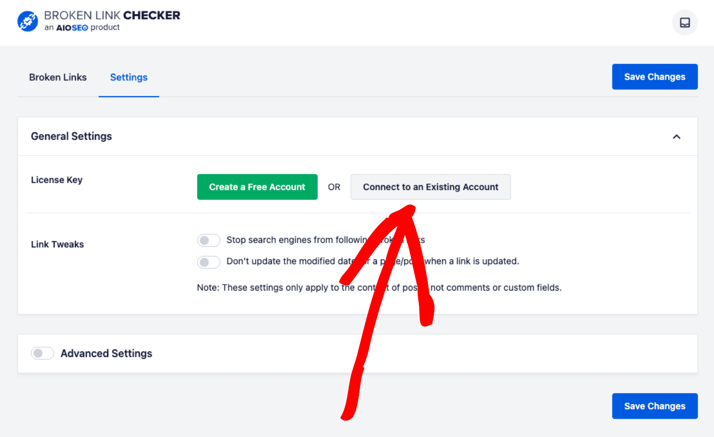 Connect to an Existing Account button shown in ​Broken Link Checker settings