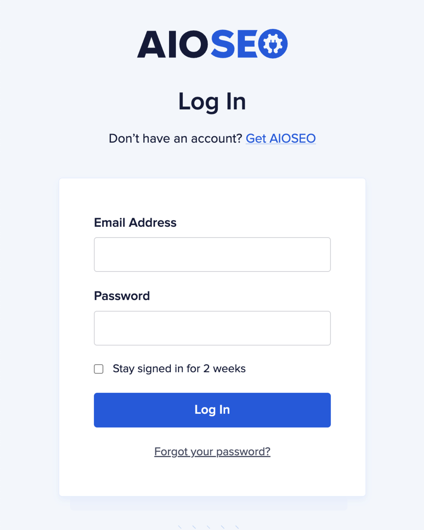 Login screen for aioseo.com showing the Email Address and Password fields
