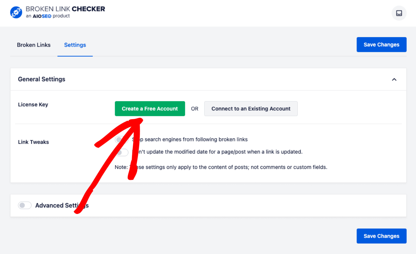 Create a Free Account button shown in ​Broken Link Checker settings