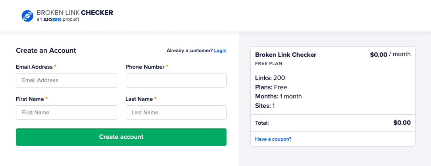 Create an Account popup for ​Broken Link Checker that shows the Email Address, Phone Number, First Name, and Last Name fields