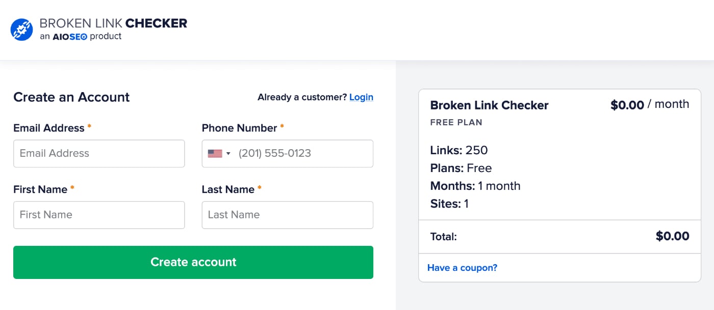 Create an Account popup for ​Broken Link Checker that shows the Email Address, Phone Number, First Name, and Last Name fields