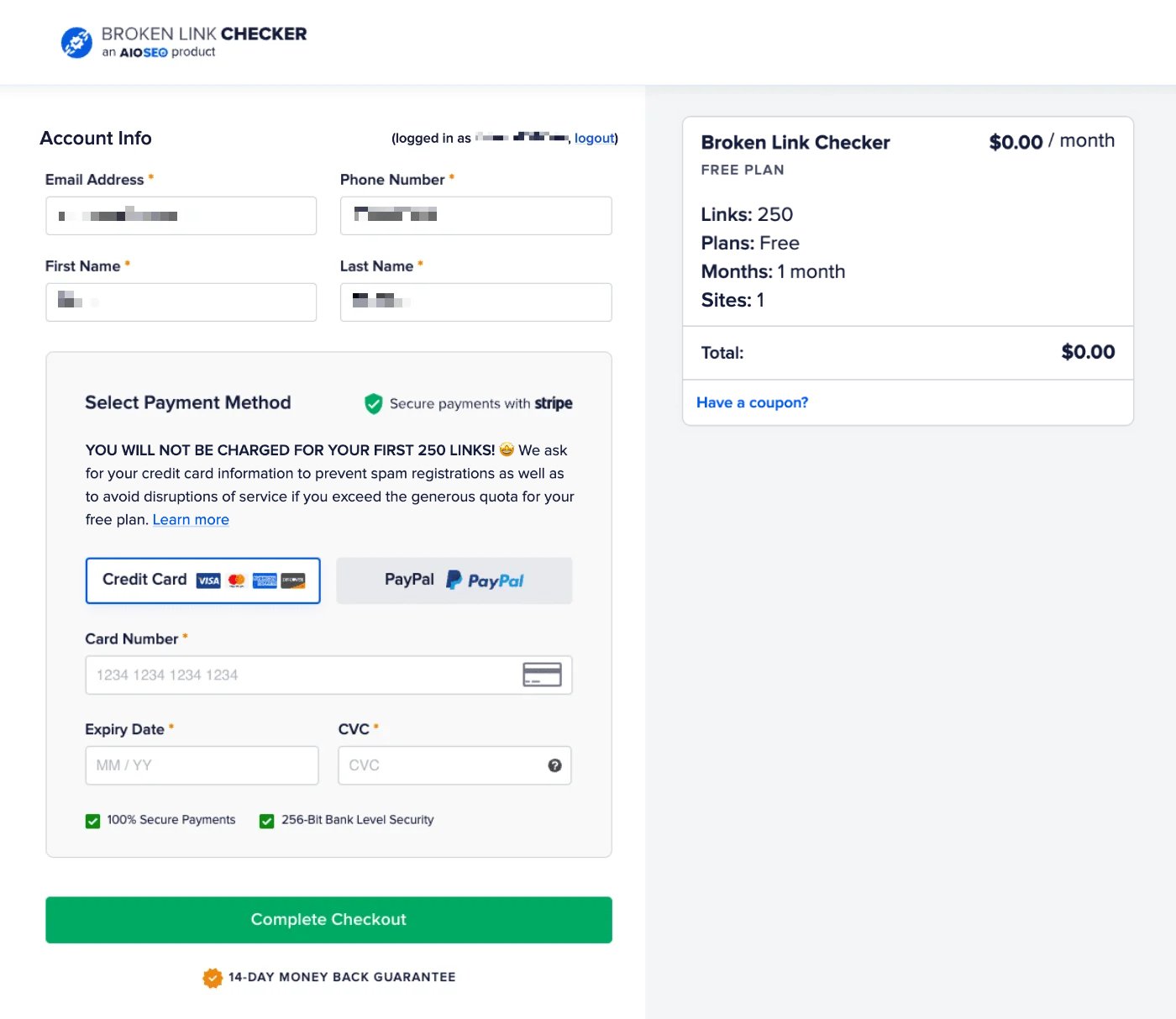 Account Info screen showing the payment fields