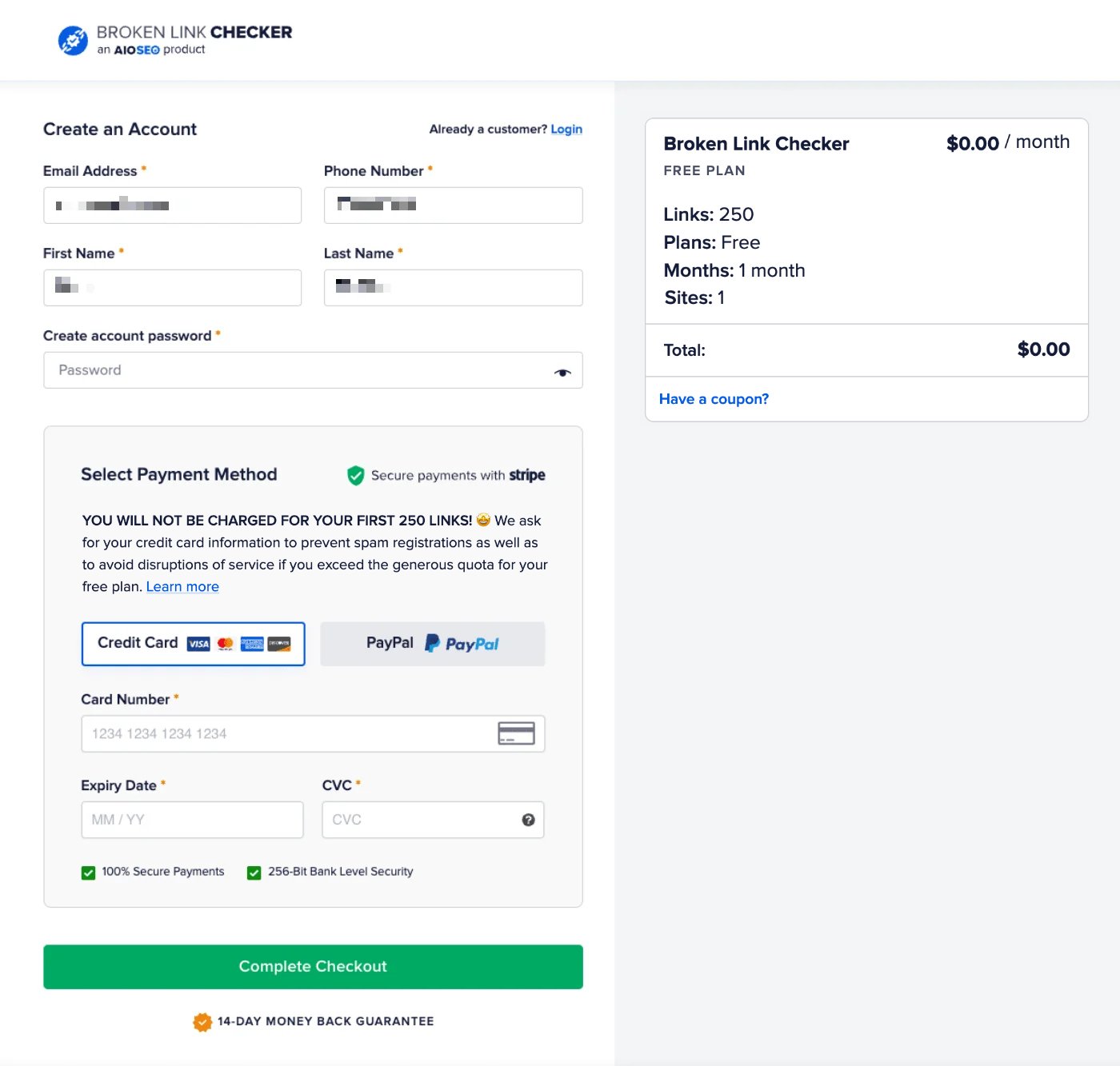 Create an Account popup for ​Broken Link Checker that shows the Create account password and payment fields