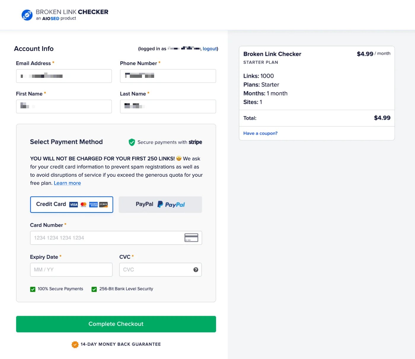 Account Info screen showing the payment fields for a paid subscription